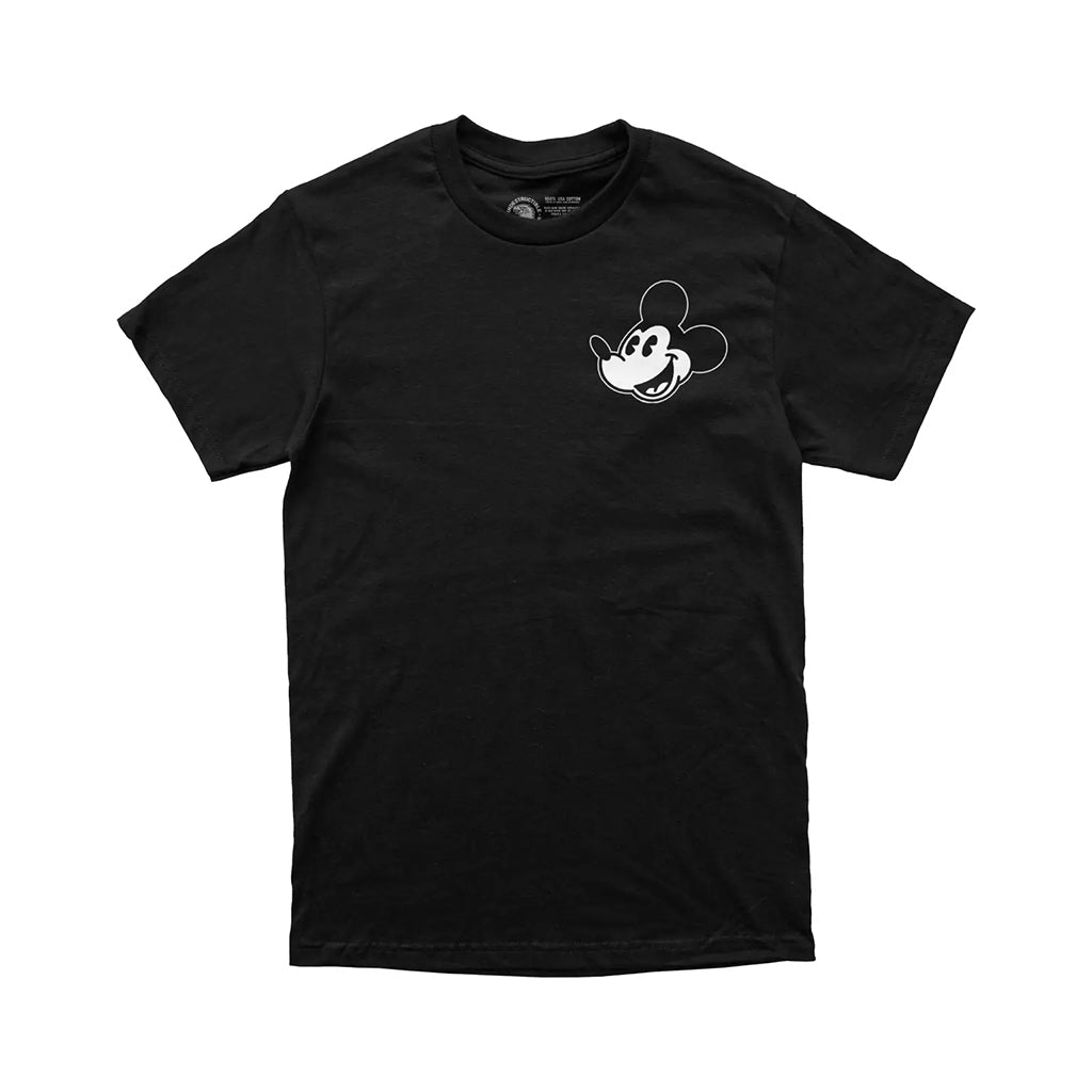 Black t-shirt with a white graphic on a white background