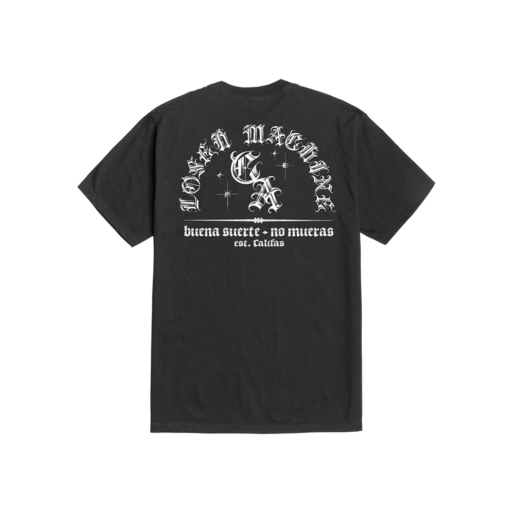 Black t-shirt with white text and graphics on a white background