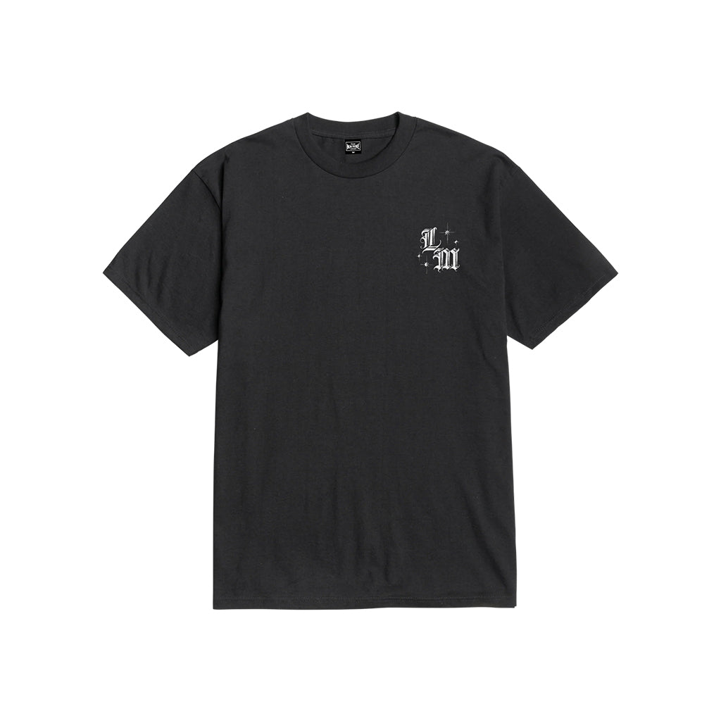 Black t-shirt with a logo on the chest against a white background
