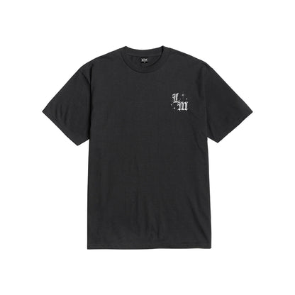 Black t-shirt with a logo on the chest against a white background