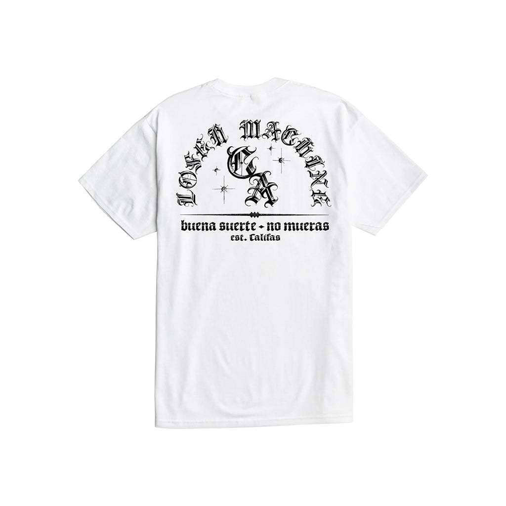 White t-shirt with black text and graphics on a white background
