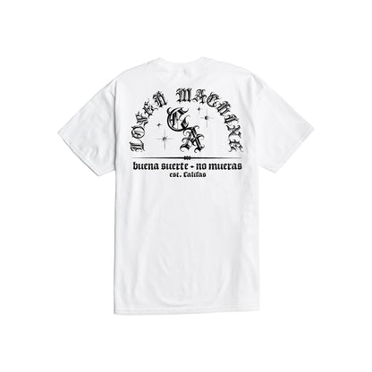 White t-shirt with black text and graphics on a white background