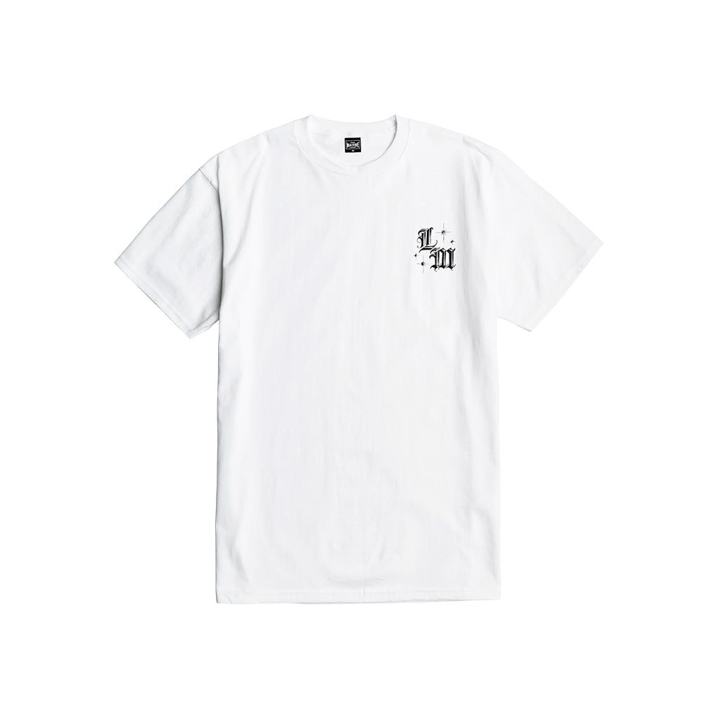 White t-shirt with a black logo on a white background