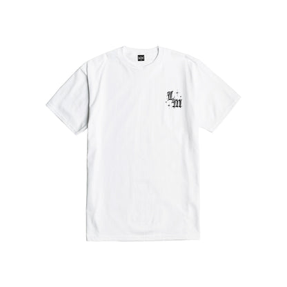 White t-shirt with a black logo on a white background