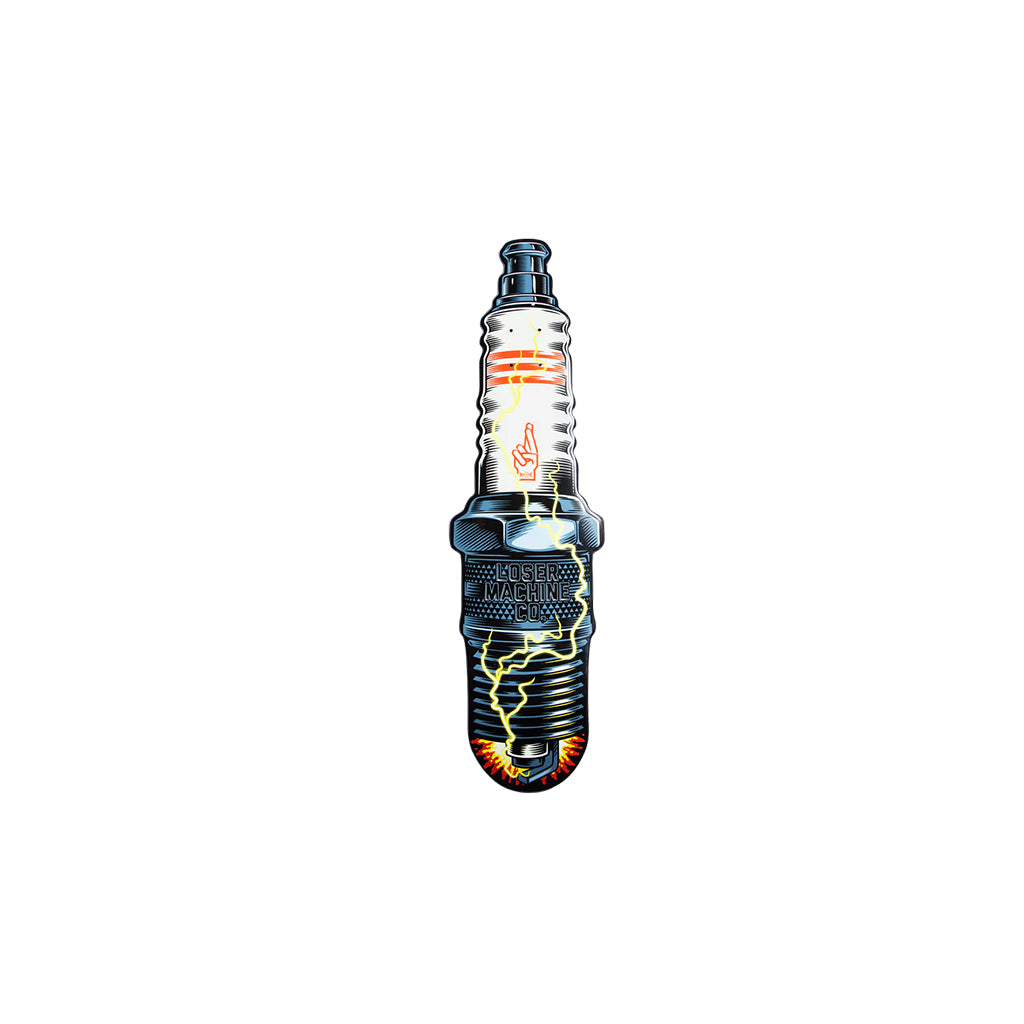 Spark plug skateboard with lightning bolt design on a white background
