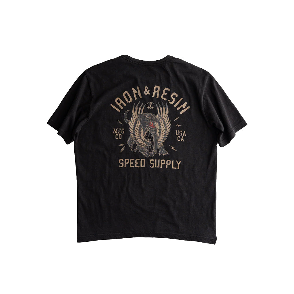 Black t-shirt with graphic design and text on a white background