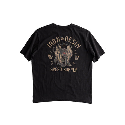 Black t-shirt with graphic design and text on a white background