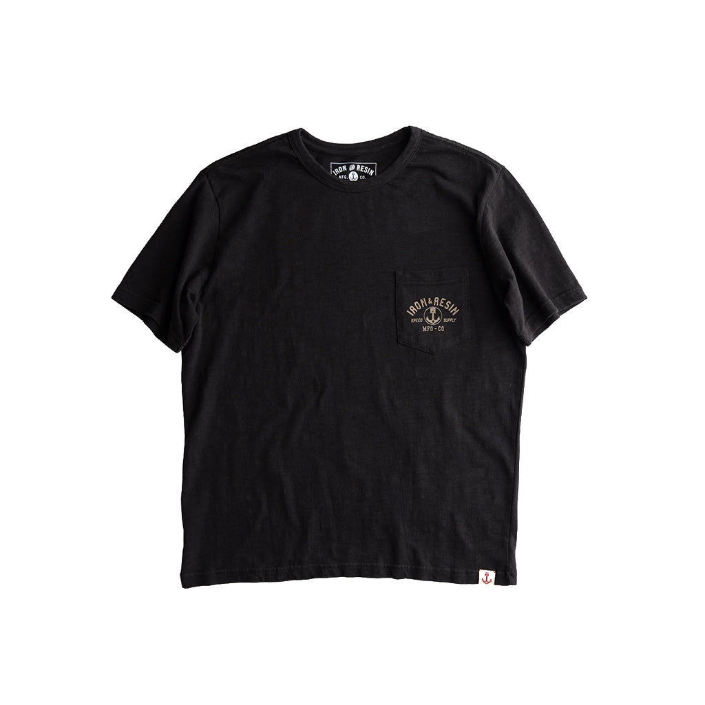 Black t-shirt with a small logo on a white background