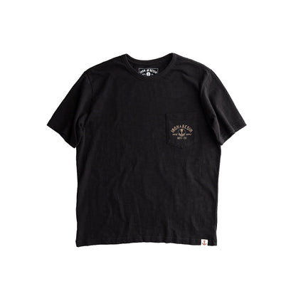 Black t-shirt with a small logo on a white background
