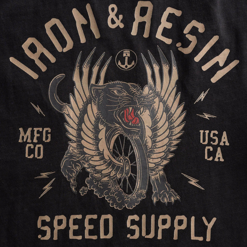 Black t-shirt with a graphic design featuring a panther, wings, and text on a black background.