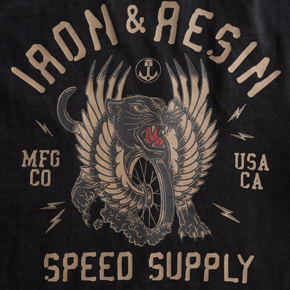 Black t-shirt with a graphic design featuring a panther, wings, and text on a black background.