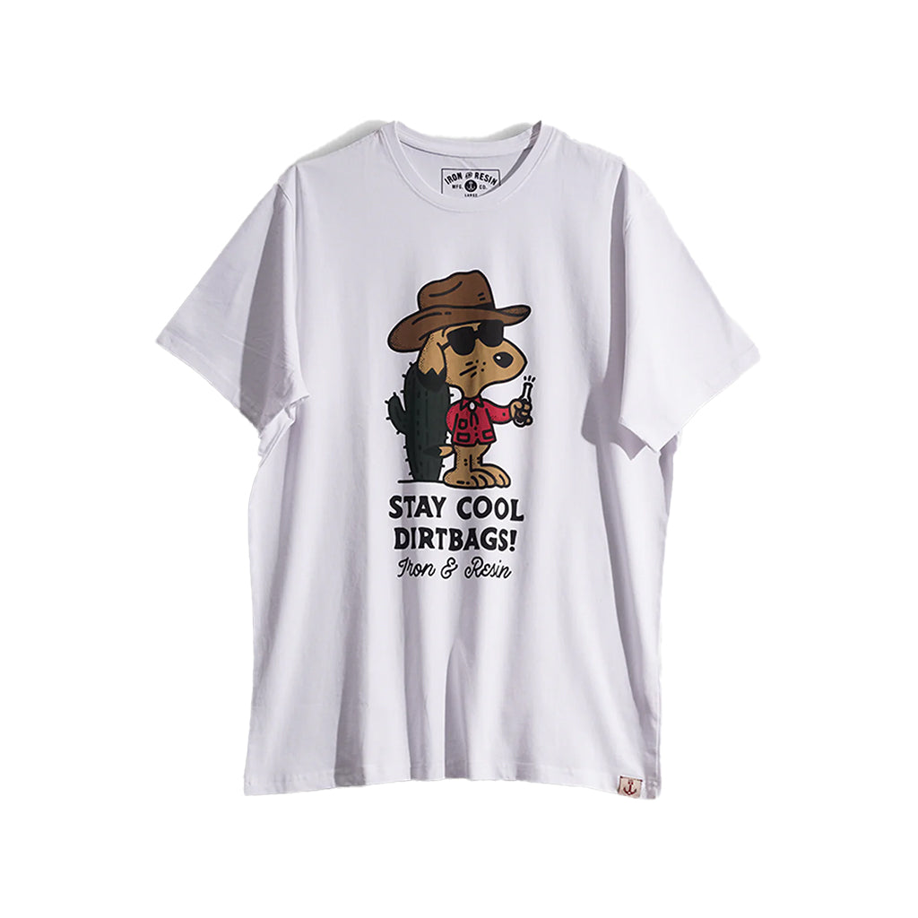 White t-shirt with a graphic of a dog wearing sunglasses and a hat, with text 'Stay Cool Dirtbags! Son & Son' on a white background.