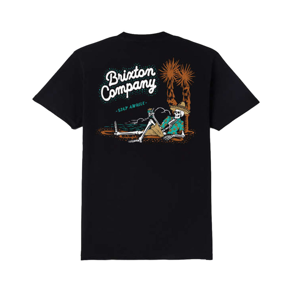 Black t-shirt with a graphic design and 'Brixton Company' text on a white background