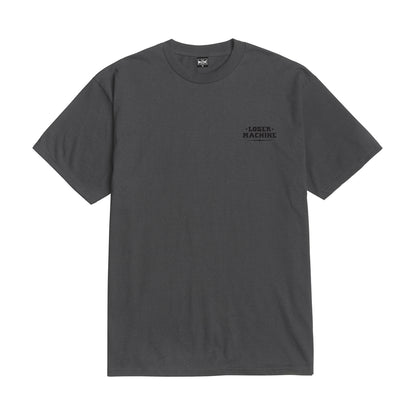 Gray t-shirt with a logo on the chest against a white background