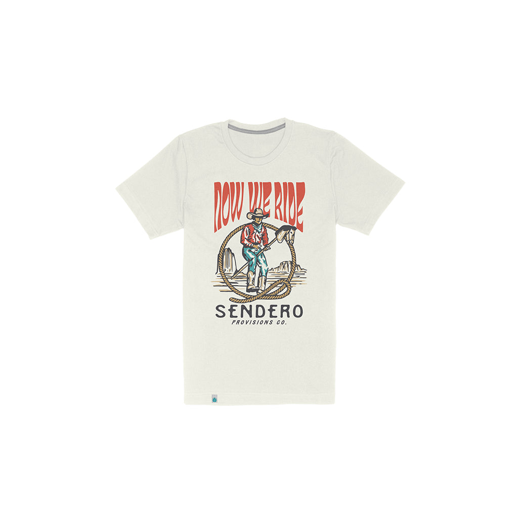 A Cowboy on a broomstick horse on a white t-shirt