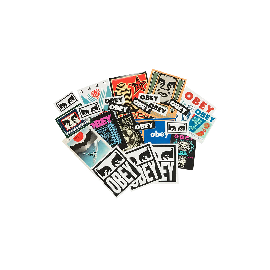 Collection of Obey stickers on a white background