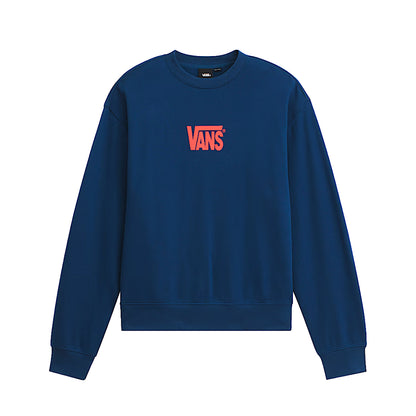 Blue sweatshirt with red Vans logo on a white background