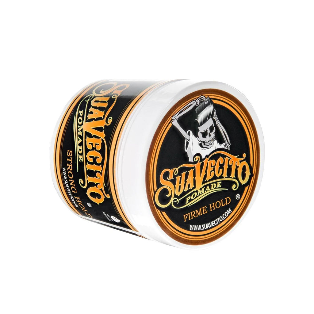 Suavecito pomade jar with black and gold design on a white background