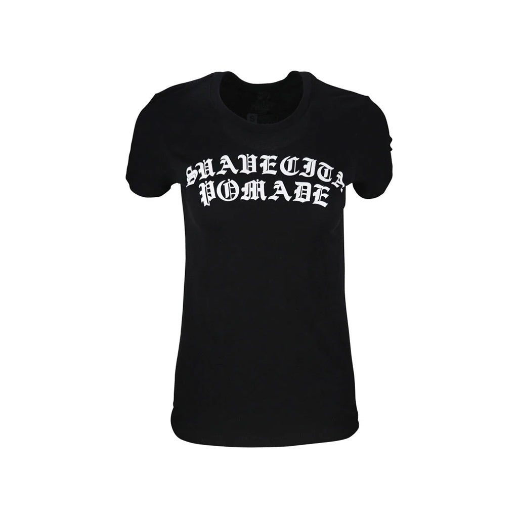 Black t-shirt with 'Shave City Pomade' text on a white background