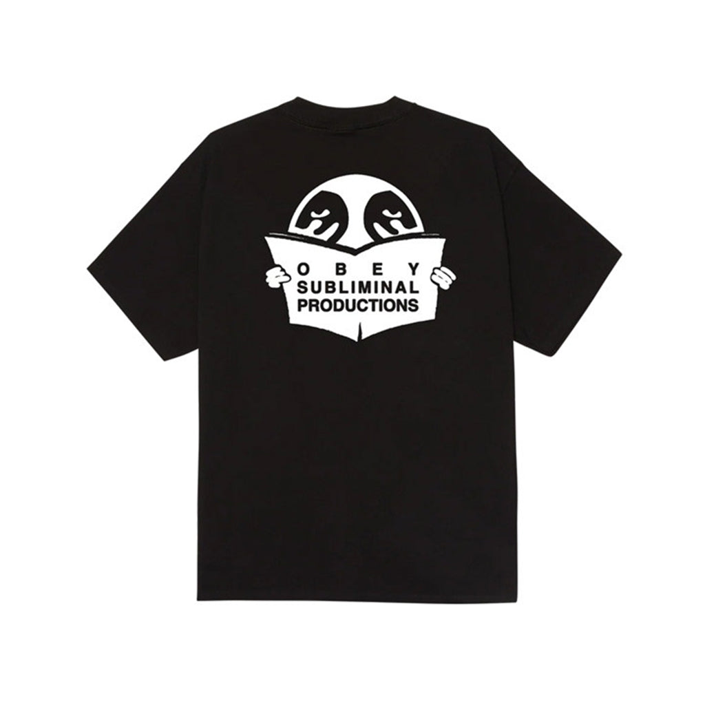 Black t-shirt with white graphic and text on a white background
