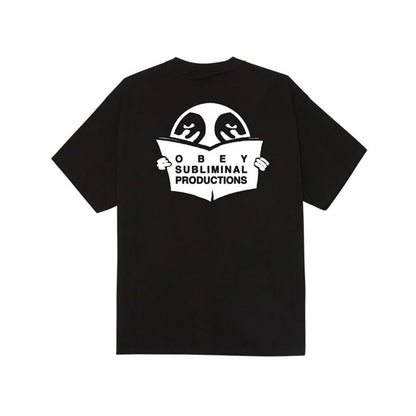 Black t-shirt with white graphic and text on a white background