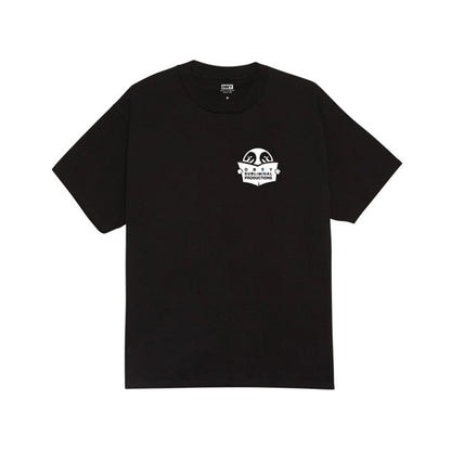 Black t-shirt with a white logo on a white background
