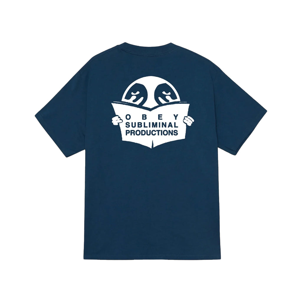 Navy blue t-shirt with white graphic and text on a white background