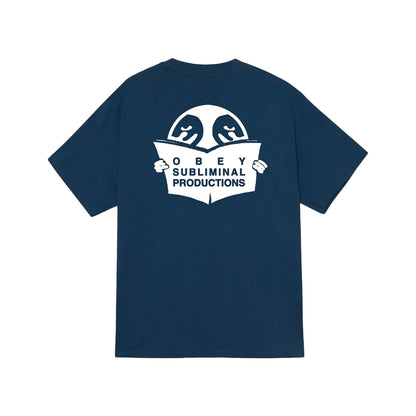Navy blue t-shirt with white graphic and text on a white background
