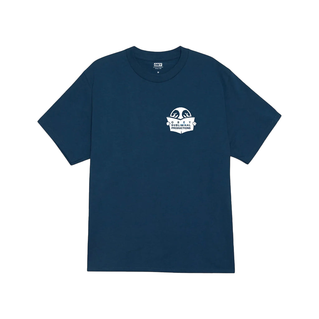 Navy blue t-shirt with a white logo on a white background
