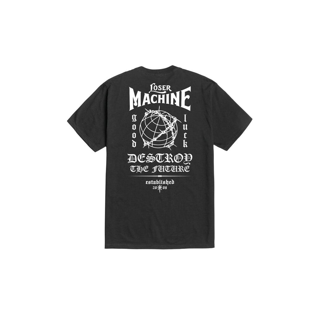 Black t-shirt with white text and graphics on a white background