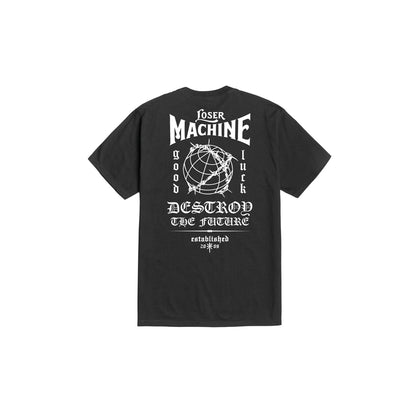 Black t-shirt with white text and graphics on a white background