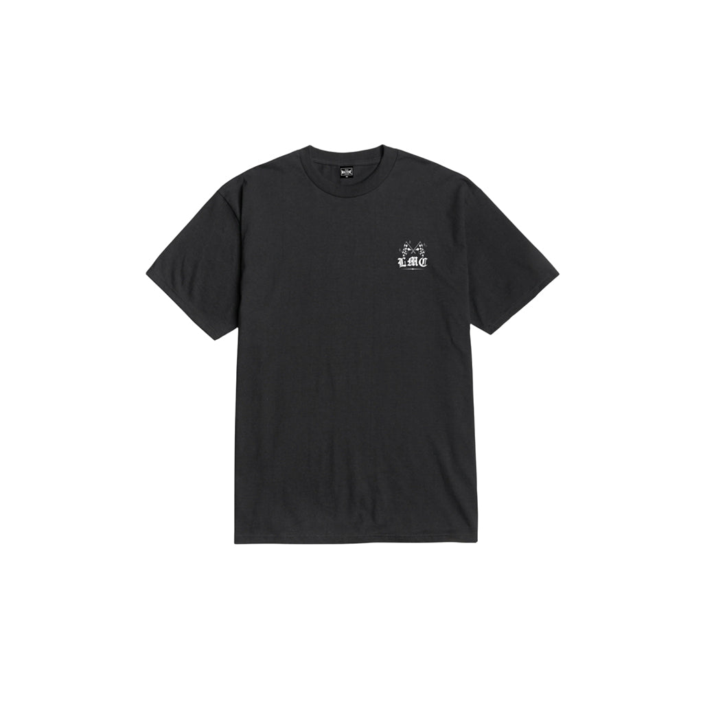 Black t-shirt with a small white logo on a white background