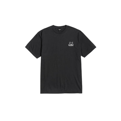 Black t-shirt with a small white logo on a white background