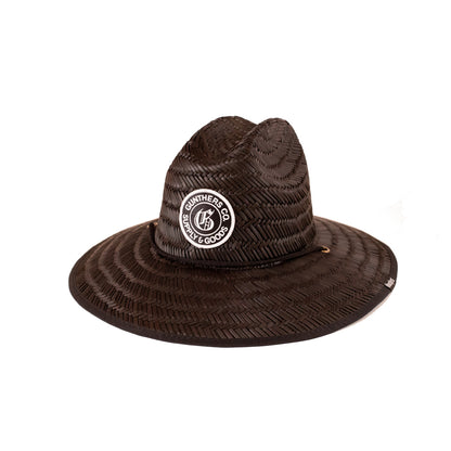 Black straw hat with a logo on a white background