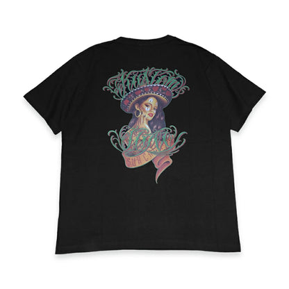 Black t-shirt with colorful graphic design on a white background