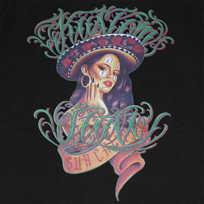 Artistic depiction of a woman with tattoos and a sombrero on a black background