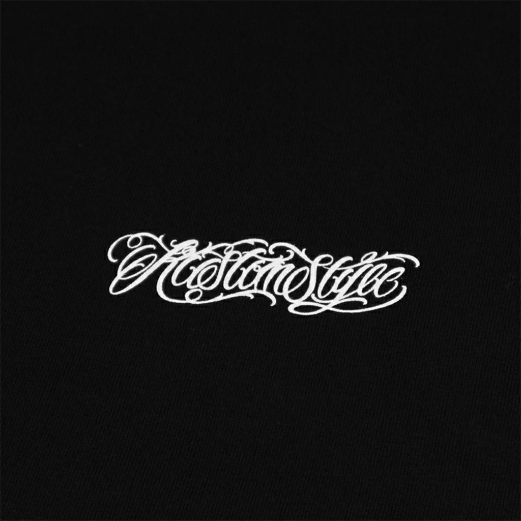 White cursive text logo on a black background