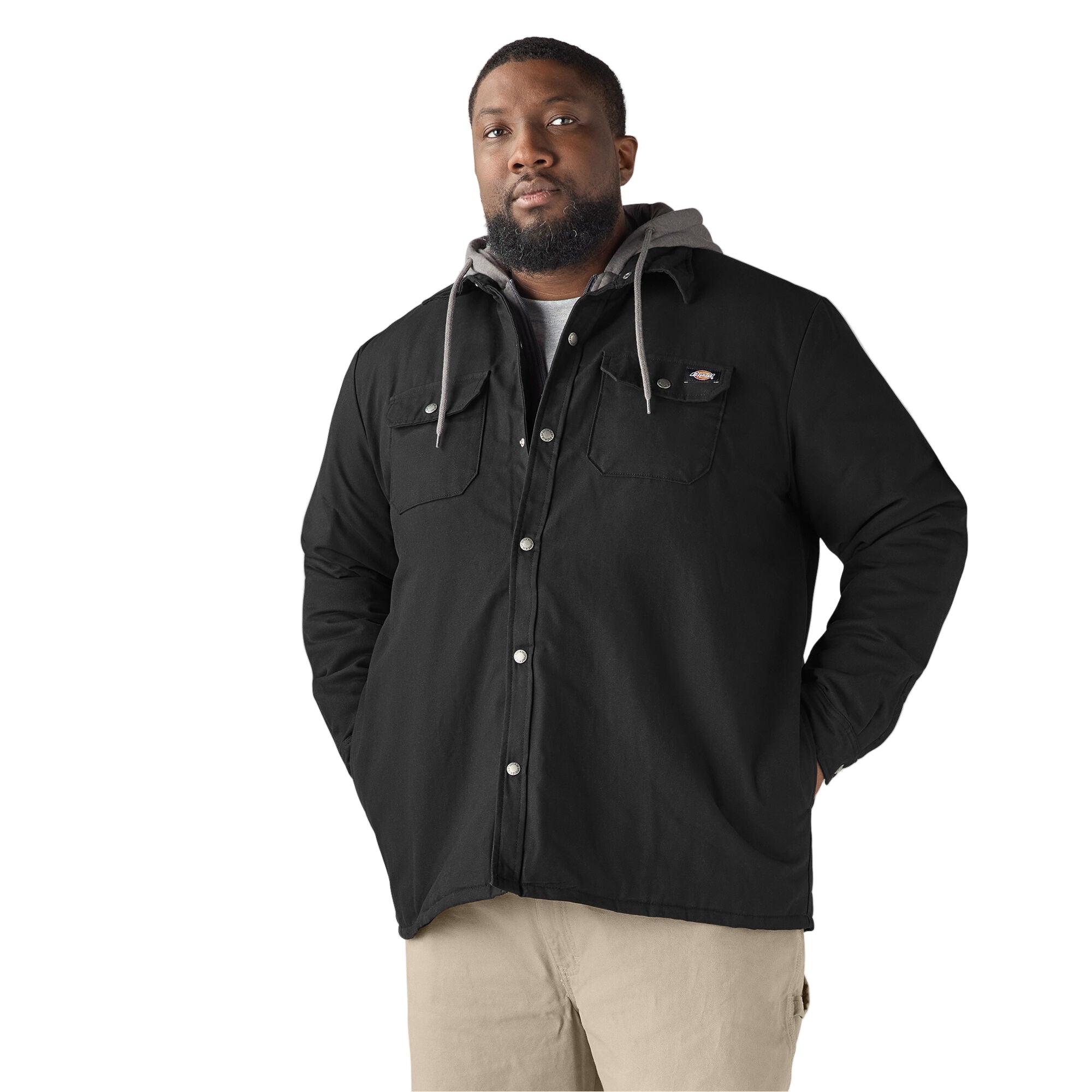 Man wearing a black jacket on a white background