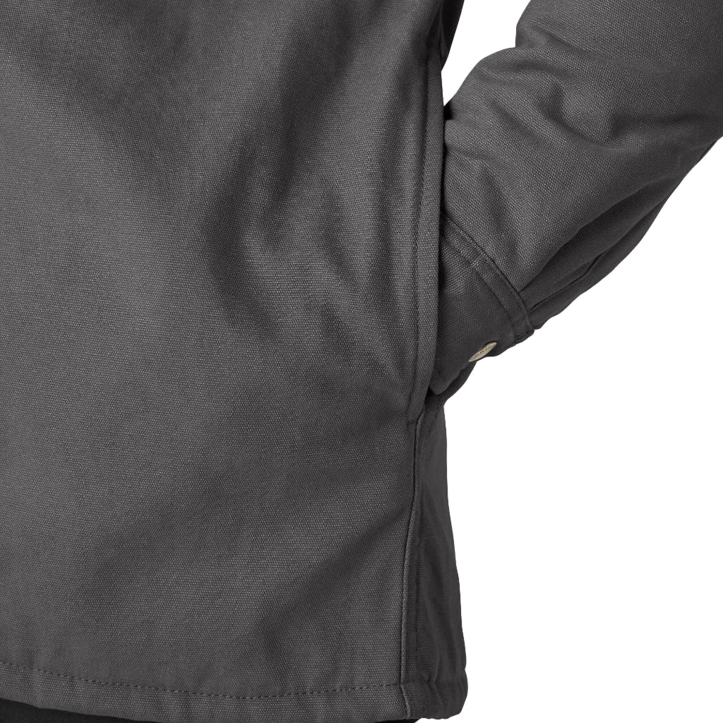 Close-up of a dark gray jacket with a focus on the sleeve and fabric texture.