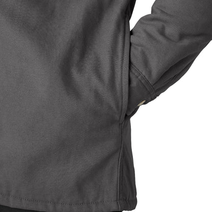 Close-up of a dark gray jacket with a focus on the sleeve and fabric texture.
