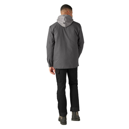 Person wearing a gray jacket with a hood on a white background
