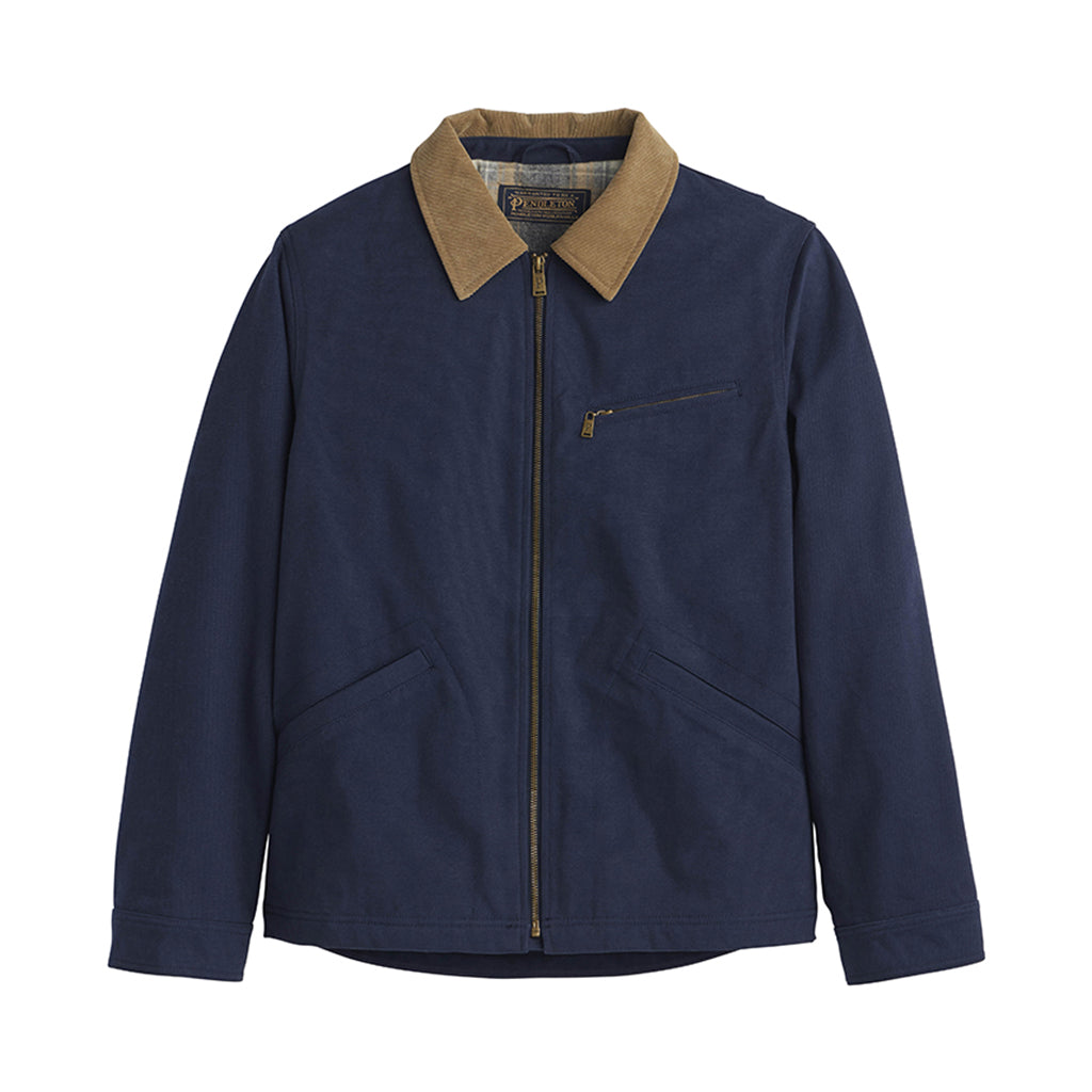 Navy jacket with brown collar on a white background