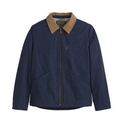 Navy jacket with brown collar on a white background