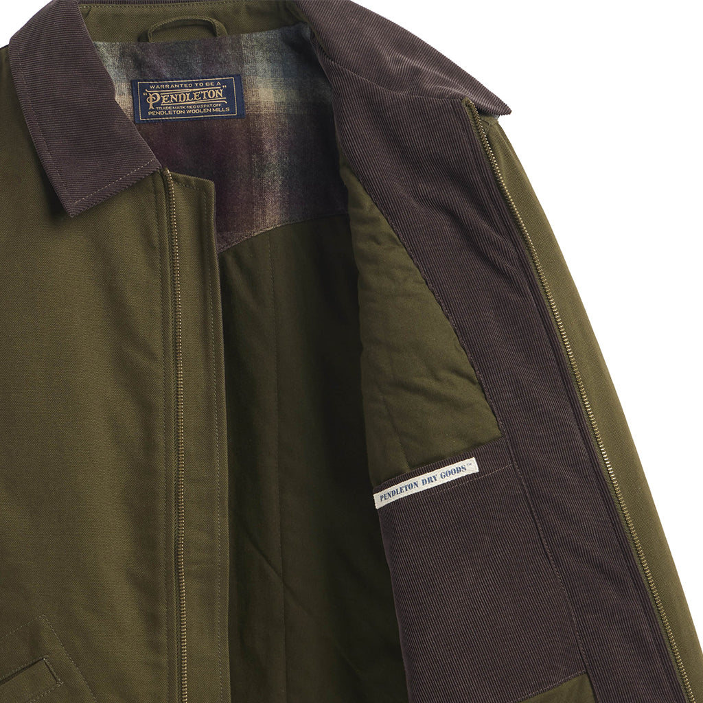 Close-up of a green jacket with brown collar and Pendleton label on a white background