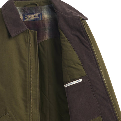 Close-up of a green jacket with brown collar and Pendleton label on a white background