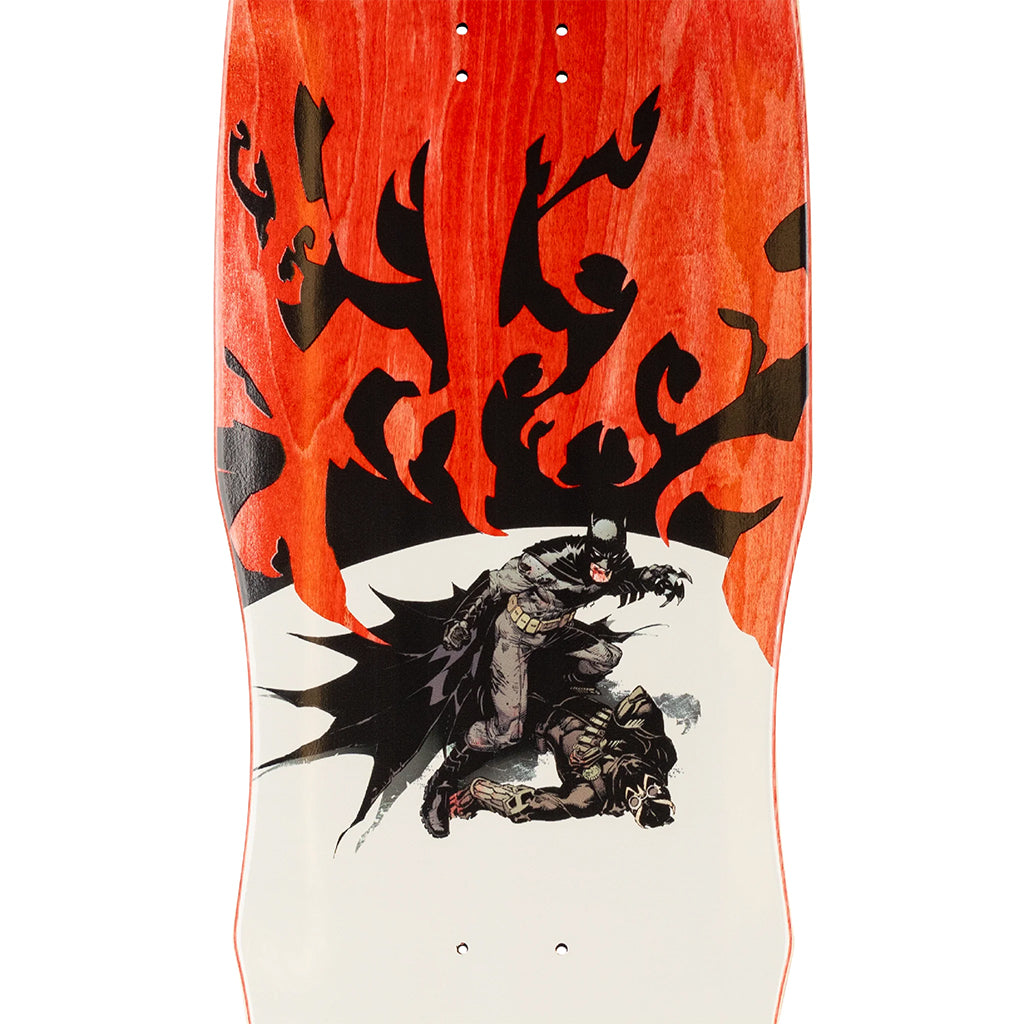 Skateboard deck with a design of a superhero and flames on a red and white background