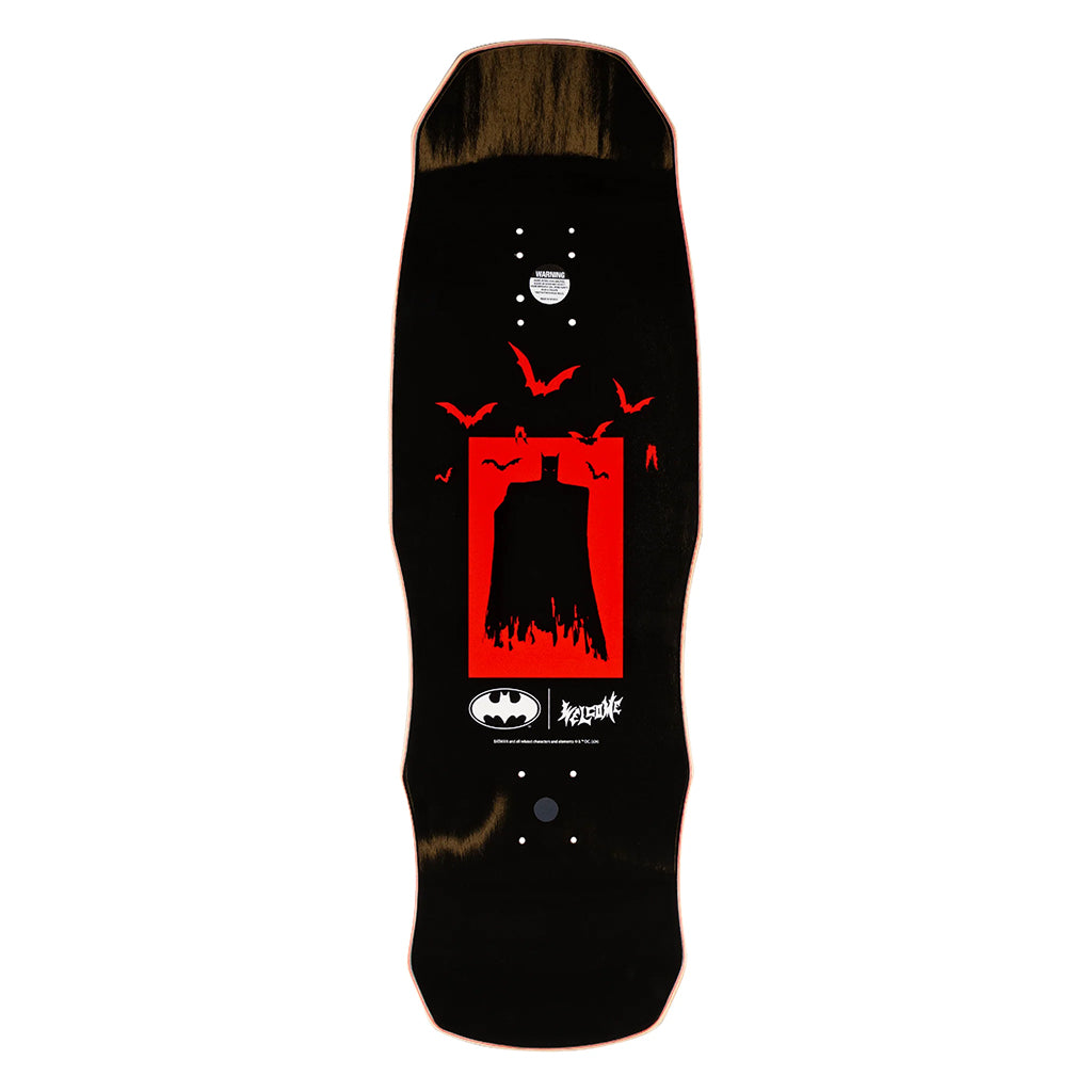 Black skateboard deck with red and white graphic design on a white background