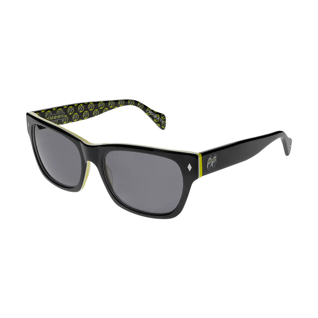 Black sunglasses with patterned arm on a white background