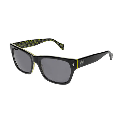 Black sunglasses with patterned arm on a white background