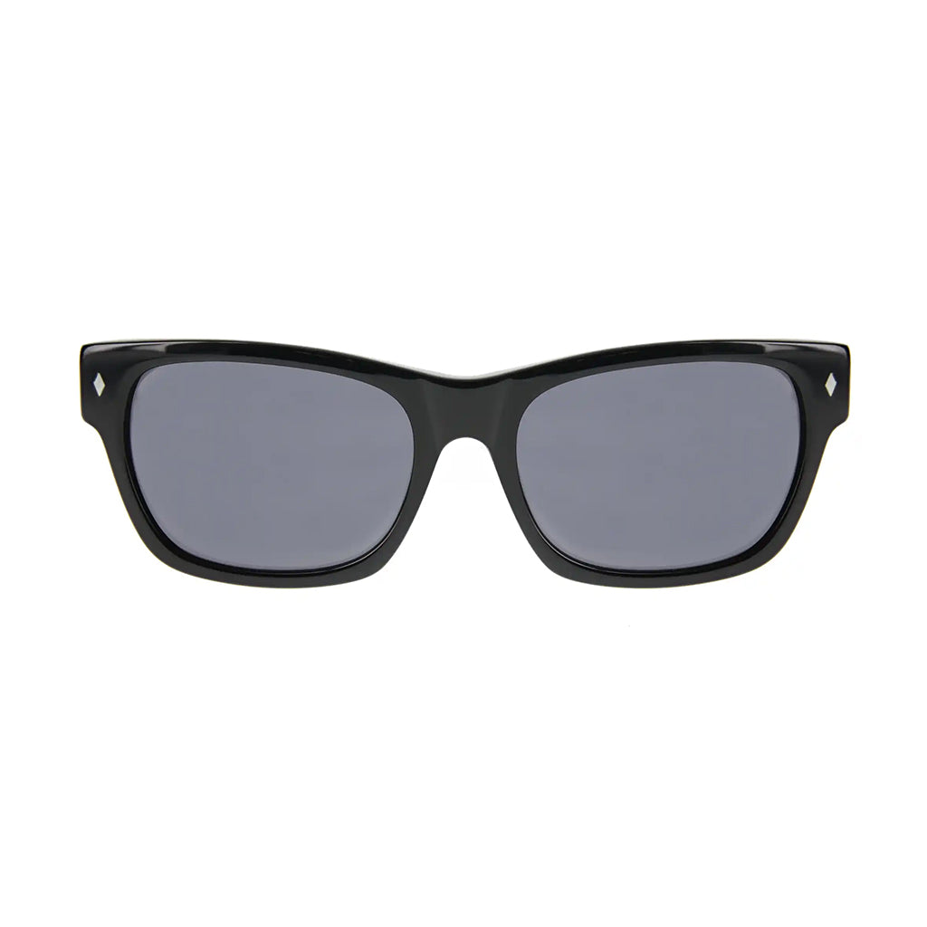 Black sunglasses with gray lenses on a white background